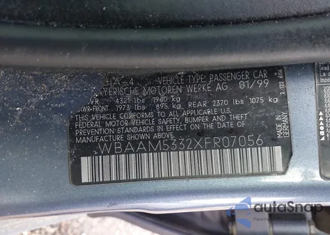 1999 BMW 328I from USA, damaged, VIN WBAAM5332XFR07056